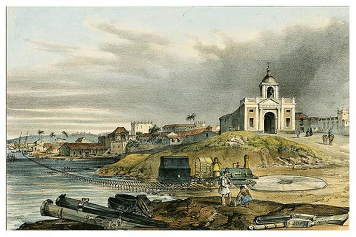 Gravure ancienne du peintre français Frédéric Miahle de Regla et de son église, représentation de La Havane de l'Est du XIXe siècle